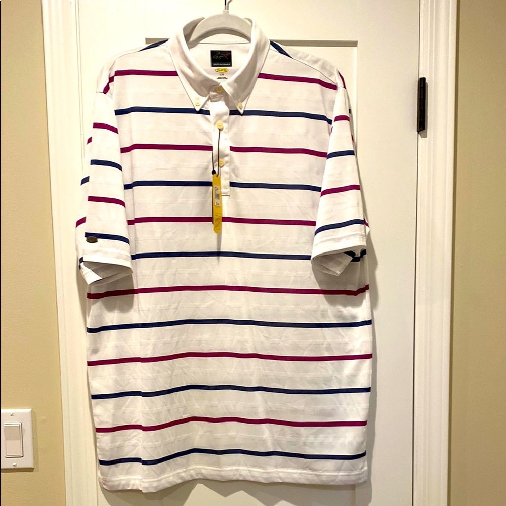 Greg Norman Men’s Classic White Striped Polo Shirt size L NWT